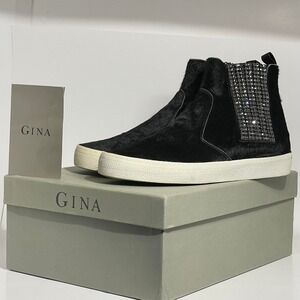 GINA London Swarovski Crystal High Top Sneekers Black Pony Hair‎ Sz EU38 US7.5/8